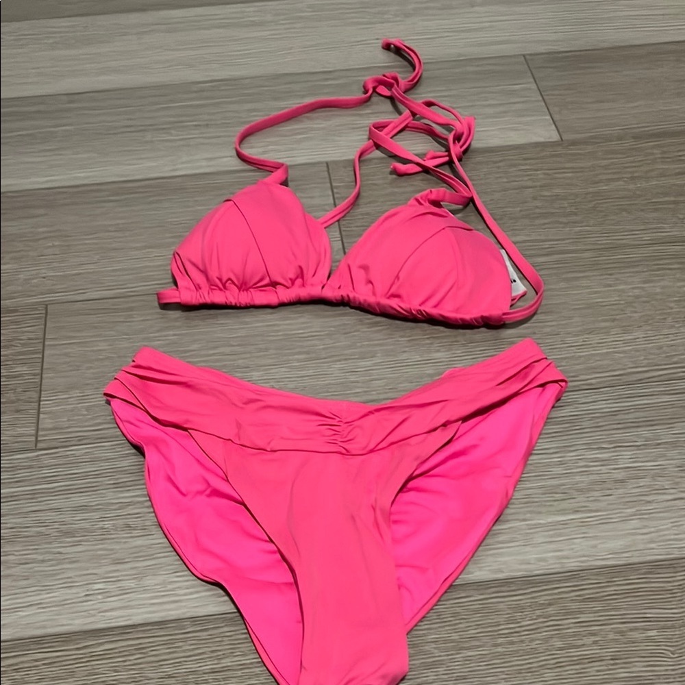 Women's Hot Pink Triangle Bikini Set - Classic Halter Swimwear